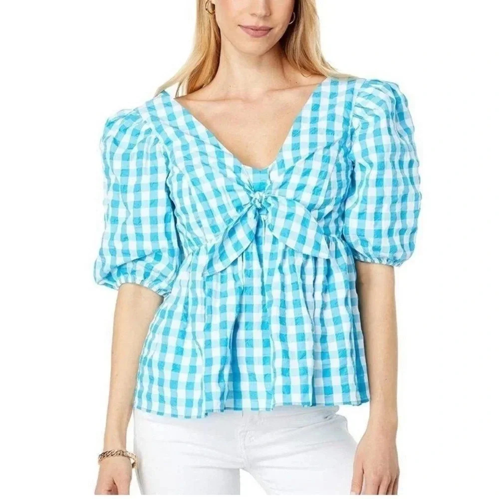 LILLY PULITZER blue/white GINGHAM plaid BABYDOLL TOP size 6